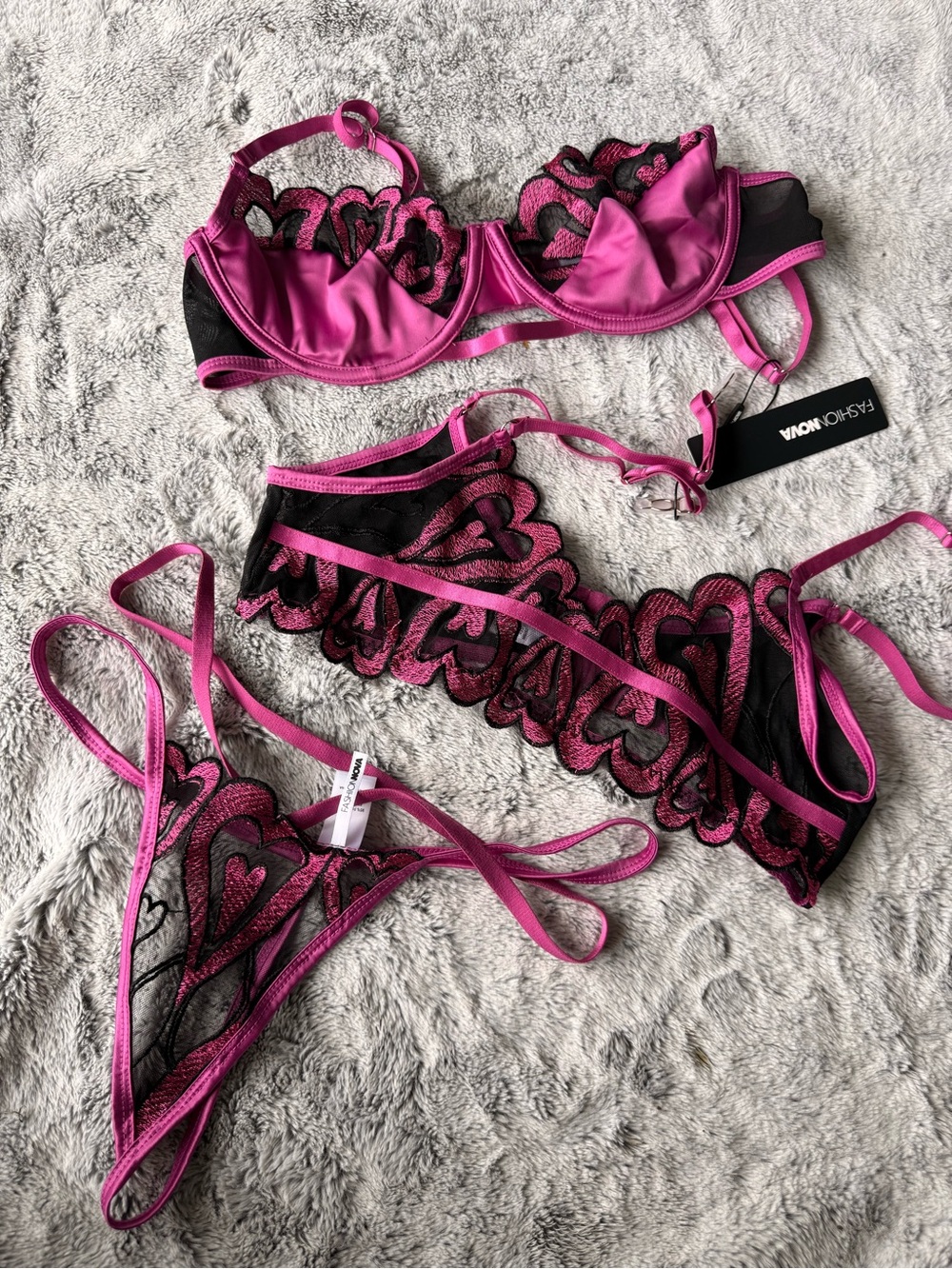 Fashion Nova Pink & Black Heart Lace Bra and Strap Thong Set